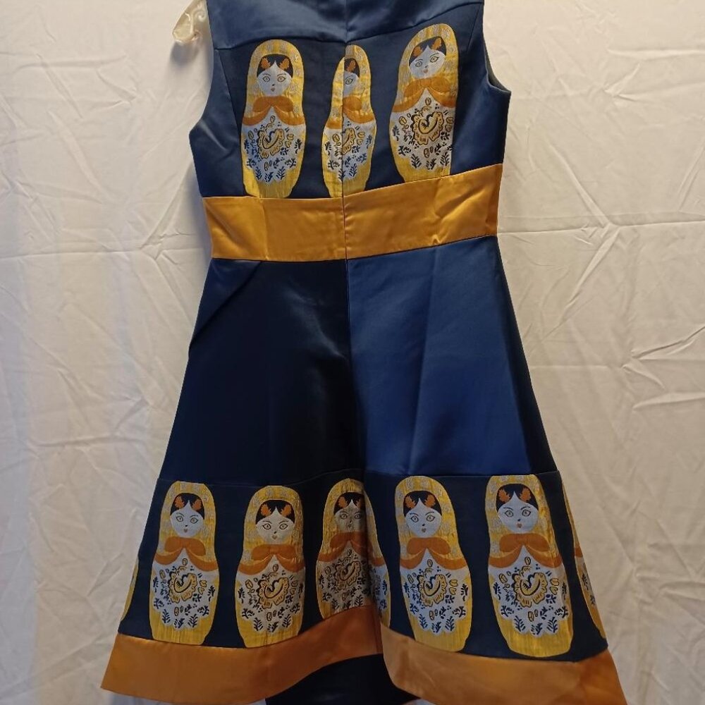 Satin Matryoshka doll dress, size 2-4, navy blue and gold